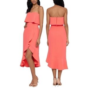 NWT XSCAPE Crepe Bustier Ruffle Coral One Shoulder Midi Dress